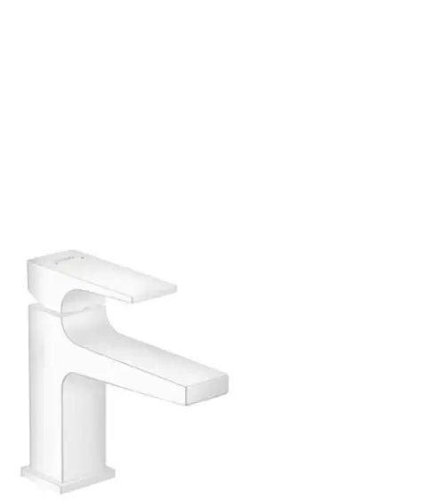 Weißer Einhebel-Waschtischmischer von Hansgrohe mit flachem Hebelgriff und schmalem Auslauf, geeignet für Handwaschbecken, inklusive Push-Open Ablaufgarnitur.